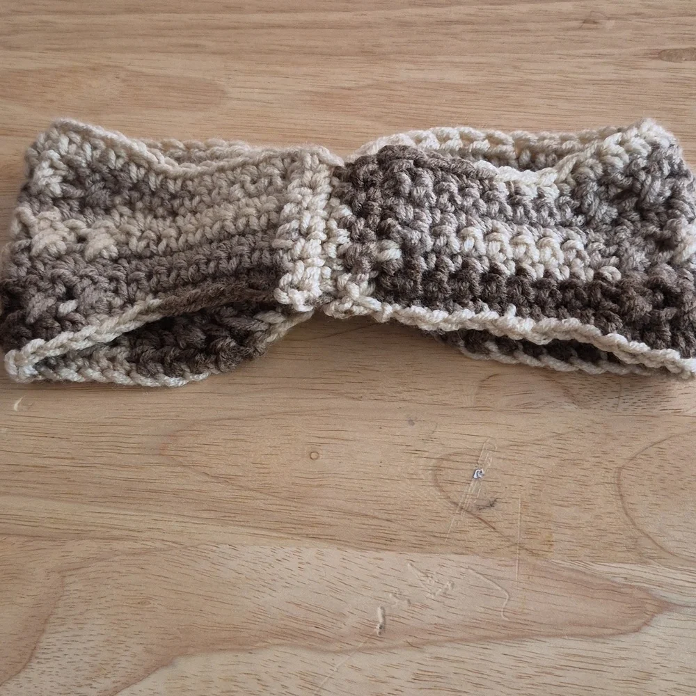 Crocheted Neutral Gradient Headband with Rose Gold Floral Brooch